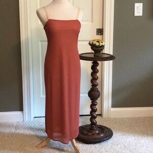 Banana Republic Midi Slip Dress. Coral color. Silky. Lined. Cream Ribbon Straps.